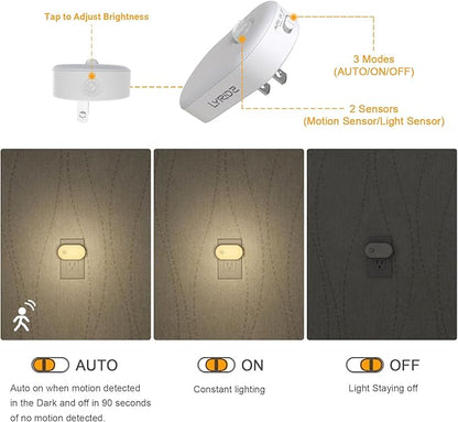 Lyridz Plug-in Night Light with Motion Sensor, 1-120 LM Stepless Adjustable Brightness LED Nightlights for Bathroom, Bedroom, Hallway, Stairs, Garage, Toilet, 4 Pack