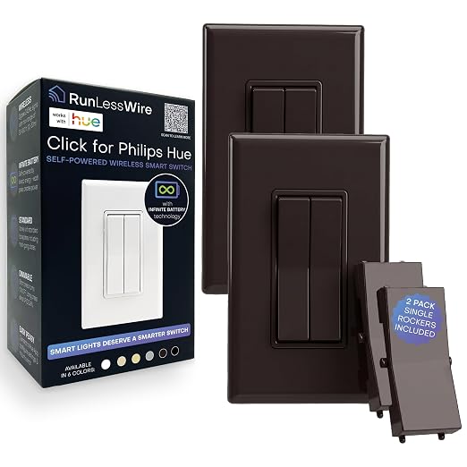 RunLessWire Click for Hue Battery-Free Wireless Smart Switch 2 Pack Brown | Dimmable Kinetic Switch Pairs Natively to Philips Hue Bridge, 4 Programmable Buttons to Control Scenes & Areas, 100ft Range