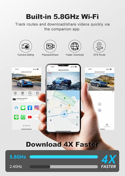 JOMISE 4K Dash Cam,5G WiFi Car Camera Built-in GPS,4K+1080P Dash Cam Front and Rear Inside,170° Wide Angle dashcam,24H Parking Mode with Loop Recording, Night Vision, 64GB Card,3-Inch Screen,Max 256GB