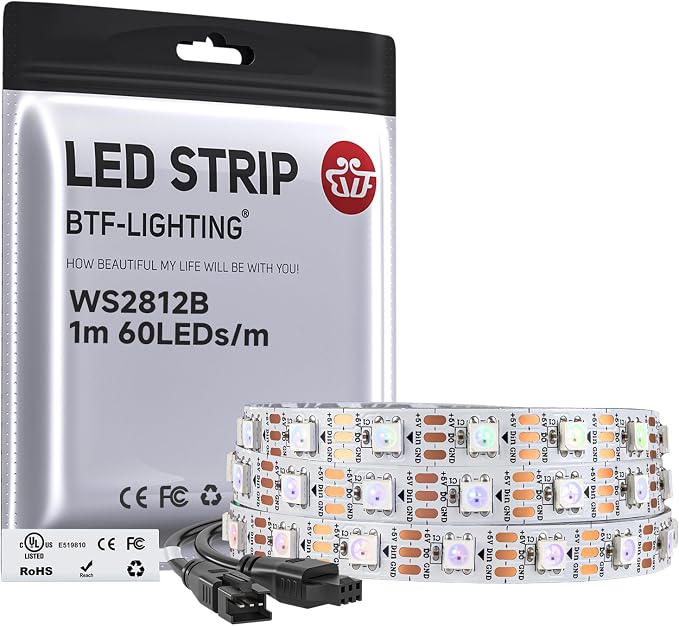 BTF-LIGHTING WS2812B IC RGB LED Strip,UL Listed,Pure Gold Wires,DC5V 3.28FT 60LED 5050SMD,Individually Addressable,Flexible for DIY Chasing Full Color Project,3M Tape,IP30(No Adapter or Controller)