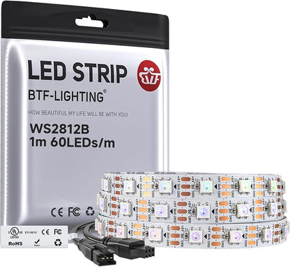 BTF-LIGHTING WS2812B IC RGB LED Strip,UL Listed,Pure Gold Wires,DC5V 3.28FT 60LED 5050SMD,Individually Addressable,Flexible for DIY Chasing Full Color Project,3M Tape,IP30(No Adapter or Controller)