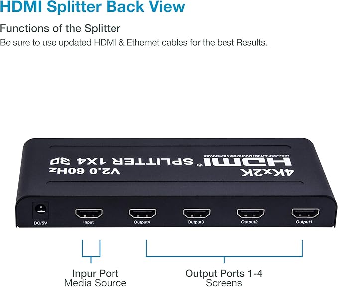 1x4 HDMI Splitter | 4 Port | 1 in - 4 Out | Ultra HD 4K/2K @ 60Hz (60 fps), HDR | HDMI 2.0, HDCP 2.2 | Full HD/3D | 1080P | DTS | Digital Sound | Direct TV | 18 Gbps