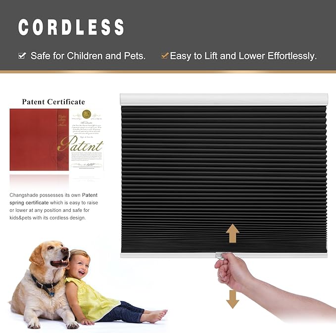 Changshade Black Blinds for Windows Cellular Shades Cordless, Window Shades Blackout Honeycomb Blinds Pleated Room Darkening for Home, Living Room, Bedroom, Bathroom, Easy to Install