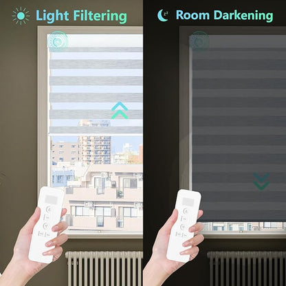 MING CHEN Motorized Blinds with Remote,Built-in Rechargeable Smart Blinds, Custom Size Electric Zebra Shades Compatible with Alexa Google (90% Blackout Fine Lines Grey)