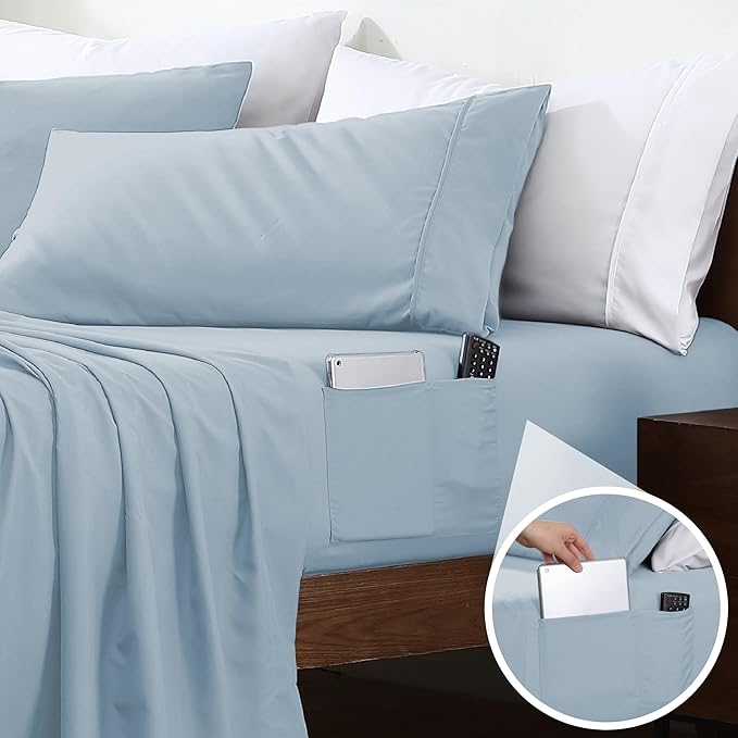 Swift Home Smart Sheets, Ultra Soft Brushed Microfiber 4-Piece Sheet Set, Fitted Bed Sheet with Side Storage Pockets – Blue Fog, Full