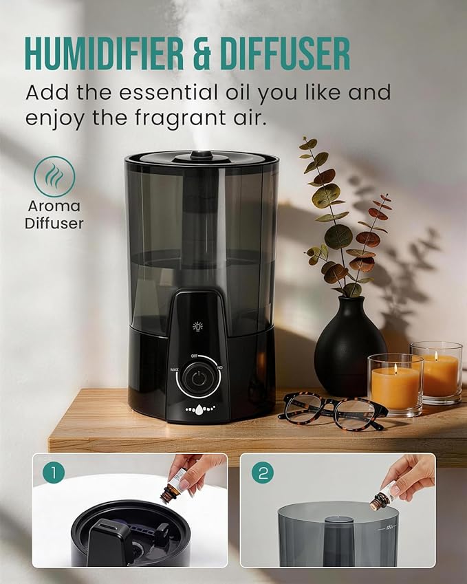 Humidifiers for Bedroom,1.06Gal(4L) Dishwasher Safe Design Easy to Clean, 3-in-1 Humidifier & Aroma Diffuser & Night Light,Top Fill,360° Ultra-Fine Spray,Auto Shut-Off,Home,Baby Nursery,Black