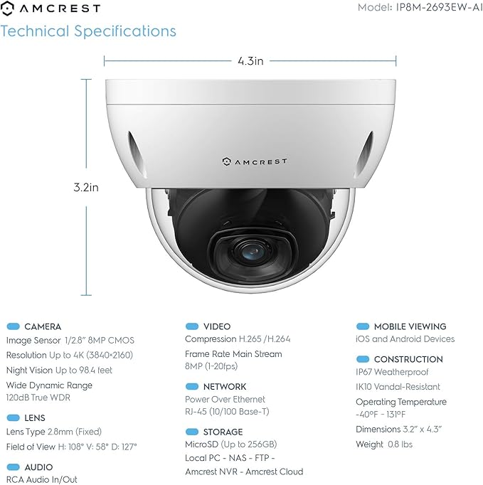 Amcrest UltraHD 4K (8MP) AI Outdoor Security POE IP Camera, 4K @30fps, Face Detection, Human & Vehicle Detection, IK10 Vandal Resistant Dome, MicroSD Recording, White (REP-IP8M-2693EW-AI) (Renewed)