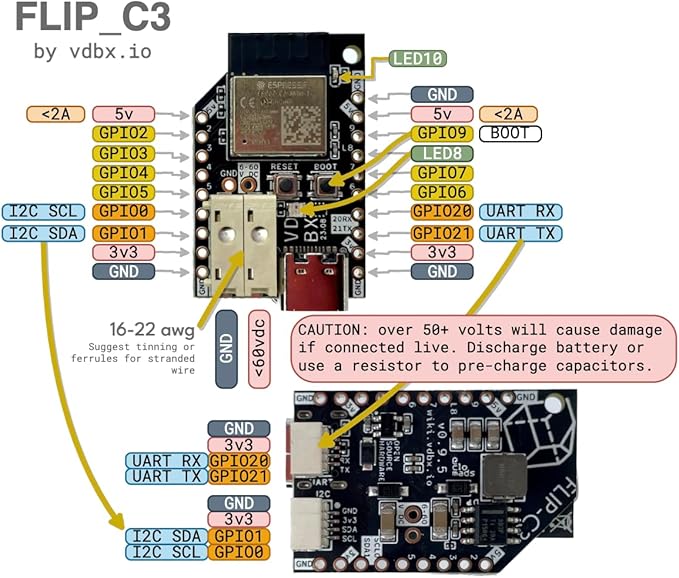 FLIP_C3 ESP32 with 60v DC Buck 5V 2A 10W ESPHome TASMOTA WLED Compatible - for Home Assistant - WS2812b 12 24 48 Off Grid Solar Battery Lithium