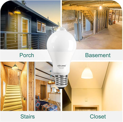 DiCUNO PIR Motion Sensor Light Bulbs, 12W (100W Equivalent) E26 LED Body Motion Sensor Infrared Bulb Auto on/Off, Outdoor/Indoor Light for Front Porch Garage, 1100LM 2700K Warm White, 2 Pack