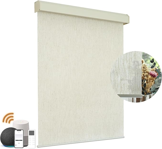 Motorized Light Filtering Roller Shades with Remote Control, Electric Smart Shades Compatible with Alexa and Google, Rechargeable, Customizable Size (Flax Beige White)