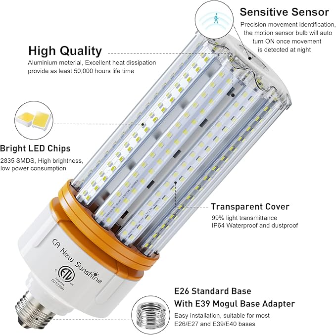 Motion Sensor LED Corn Light Bulbs for Outdoor Indoor, 100W Motion Detector Led Bulb, E26 E39 15000Lm 5000K Daylight, Motion Activated Security Lights for Outside, Inside (2 Pack)