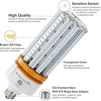 Motion Sensor LED Corn Light Bulbs for Outdoor Indoor, 100W Motion Detector Led Bulb, E26 E39 15000Lm 5000K Daylight, Motion Activated Security Lights for Outside, Inside (2 Pack)