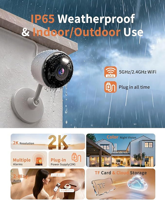 2K Cameras for Home Security, 5G & 2.4G WiFi Security Camera Indoor Outdoor for Baby Pet Dog Cat Nanny, 2-Way Audio, Color Night Vision, Siren, 24/7 Local Recording, IP65, Work with Alexa, K07-2P