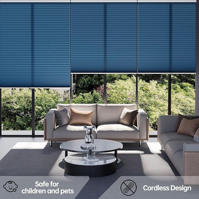 Cellular Shades Light Filtering Honeycomb Blinds for Indoor Windows, Cordless Cellular Shades 1.5 inch Cell Pleated for Bedroom Home Office, Custom Size, Half Shading Blue