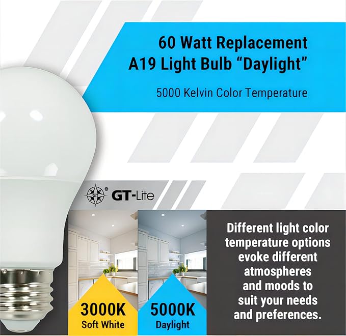 GT-Lite A19 LED Light Bulbs 10 Packs, 60W Equivalent, 5000K Daylight, 9W 800 Lumens LED Bulbs, E26 Base Standard Light Bulbs