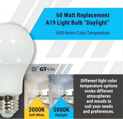 GT-Lite A19 LED Light Bulbs 10 Packs, 60W Equivalent, 5000K Daylight, 9W 800 Lumens LED Bulbs, E26 Base Standard Light Bulbs