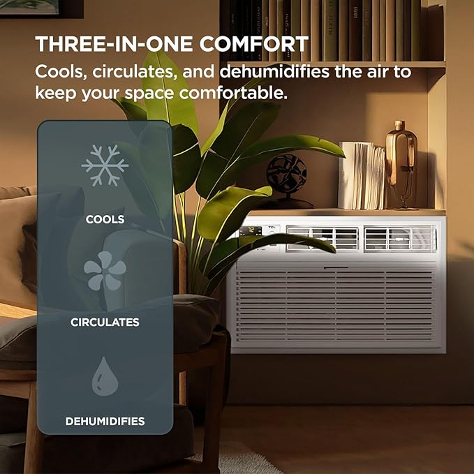 TCL H8T9E1-A 8,000 BTU Smart Through-The-Wall Air Conditioner, Fan & Dehumidifier, 350 Sq. Ft, Remote Control, Compatible with Alexa/Google Assistant, White