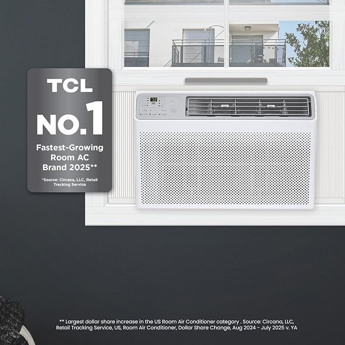 TCL 14000 BTU Smart Window Air Conditioner, Best Compact Energy Efficient AC Unit, Fan & Dehumidifier for Rooms Up To 700 Sq. Ft., Remote Control, Works with Alexa, Google Assistant & TCL Home App