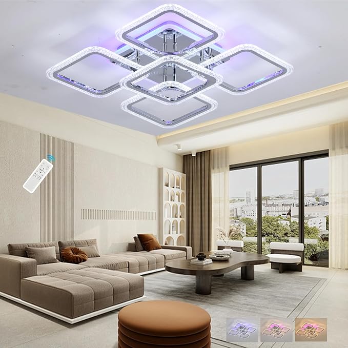80W Dimmable LED Ceiling Light, 5-Square Flush Mount, Chrome | 4800LM Remote Control Ceiling Light Fixture, 3000K-6000K, 22in Modern Lighting for Living Room Bedroom Kitchen Dining Room
