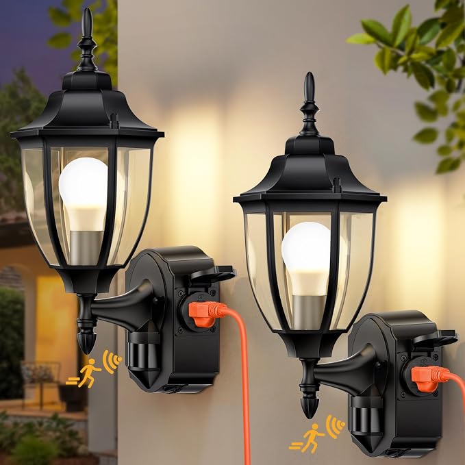 Porch Lights with Outlet, Motion Sensor Outdoor Lights, 2 Pack
