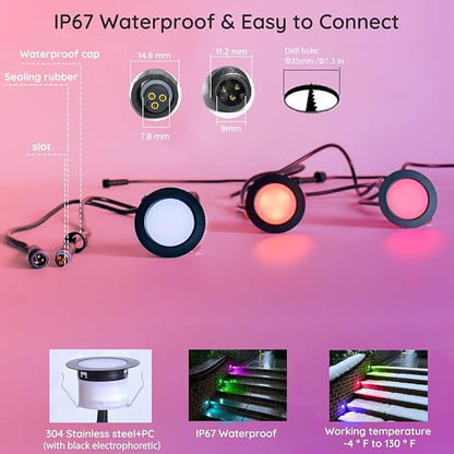 LED Deck Lights Kit, 30 Pack 1.77" Smart RGBW+IC Outdoor Lights | Low Voltage Recessed Deck & Step Lights | IP67 Waterproof Landscape Lighting for Stairs, Pool Deck & Garden | Works with Alexa/Google