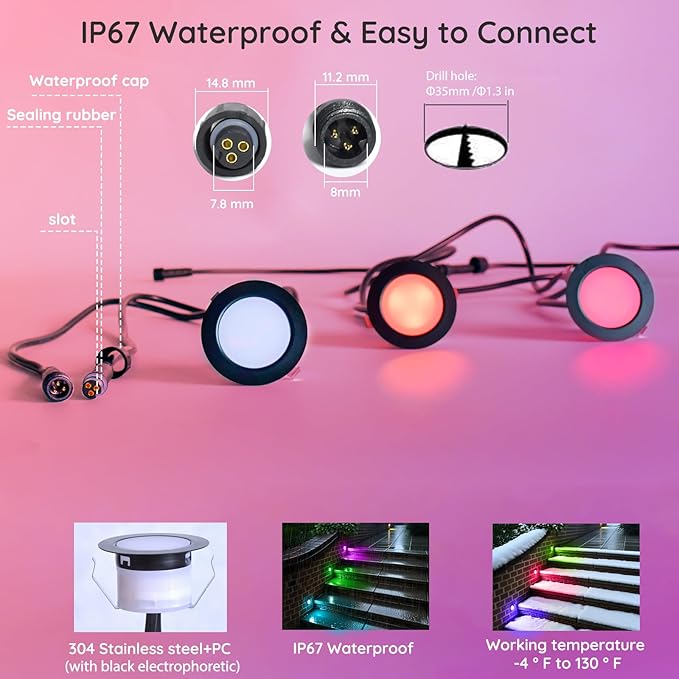 Sumaote LED Deck Lights Kit, 20 Pack 1.77" RGBW+IC Multicolor Dynamic Low Voltage Recessed Landscape Lights, IP67 Waterproof 12V Step Light Outdoor for Garden Yard Path Ground Stairs