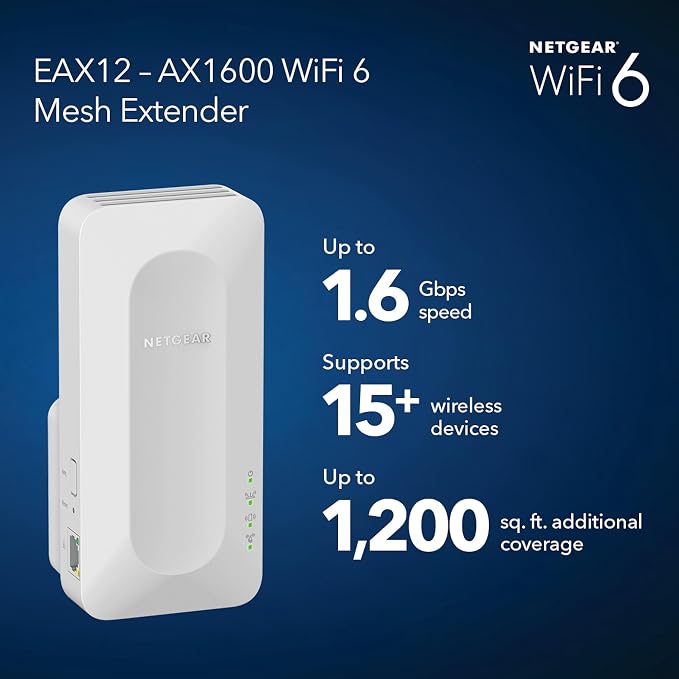 NETGEAR WiFi 6 Range Extender (EAX12) - Add up to 1,200 sq. ft., 15 Devices - AX1600 Dual-Band Wireless Signal Booster & Repeater (up to 1.6 Gbps Speed), WPA3 Security, Smart Roaming, Free Expert Help