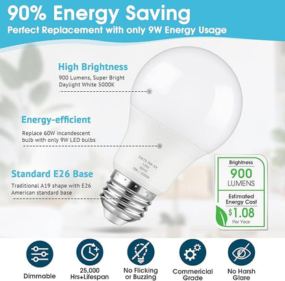 Maylaywood A19 LED Light Bulb, 60 Watt Equivalent, 5000K Daylight White, 900LM, E26 Base, Dimmable, 9W Bright White, 24-Pack