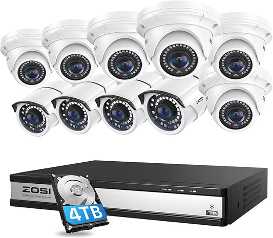 ZOSI 16CH 4K PoE Security Camera System with 4TB Hard Drive and 10pcs 5MP Outdoor Indoor PoE IP Surveillance Cameras,H.265+ 16 Channel 8MP NVR Recorder,120ft Night Vision,Remote Access,24/7 Recording