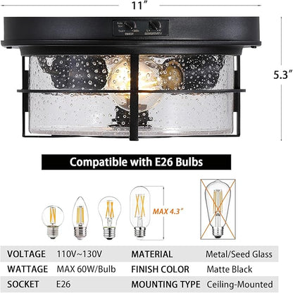 CALOKES Motion Sensor Outdoor Flush Mount Ceiling Light - Sleek Round Exterior with Seeded Clear Glass - Perfect for Front Porch, Garage, Entryway
