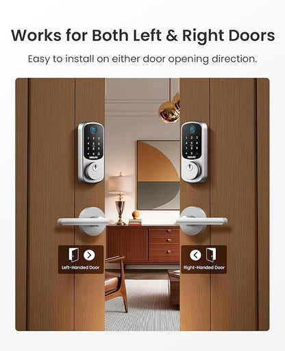 DESLOC B200 Fingerprint Smart Lock with 2 Lever Handles, Keyless Entry Front Door Lock Set, Electronic Keypad Deadbolt, App Control, Auto Lock, Long Battery Life,Silver