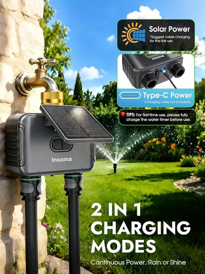 Insoma Solar WiFi Water Timer w/Adjustable 120° Solar Panel, 2-Zone Smart Sprinkler Timer Solar&Type-C Powered, APP&Voice Control Auto Irrigation for Lawn Garden, No Need Hub, Work with Alexa&Google