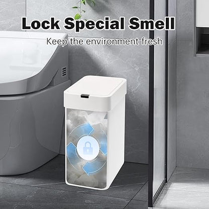 SYNCVIBE 2 Pack Bathroom Trash Can with Lid - 2.5 Gal and 4 Gal Motion Sensor Garbage Bin, Smart Rubbish Bin, Waterproof Slim Dustbin, Automatic Plastic Trash Can for Bathroom, Office, White