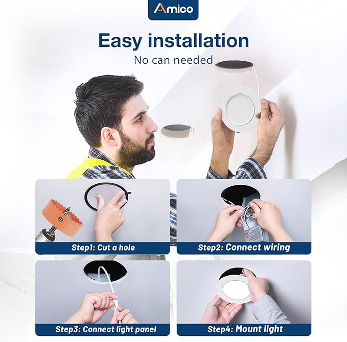 Amico 12 Pack 3 Inch 5CCT Gimbal LED Recessed Lighting, 360°&90°Adjustable Eyeball Directional Downlight, Dimmable, 2700K/3000K/3500K/4000K/5000K Selectable, 8W 600LM CRI90+, White, ETL&FCC