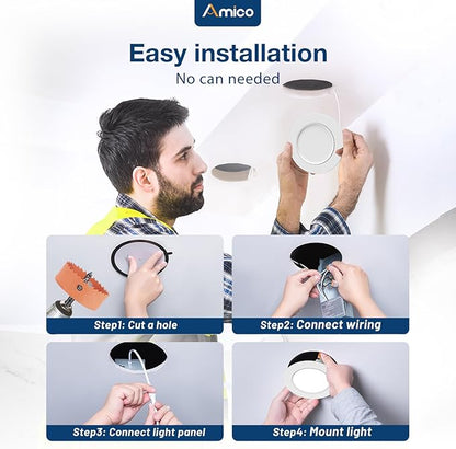 Amico 12 Pack 3 Inch 5CCT Gimbal LED Recessed Lighting, 360°&90°Adjustable Eyeball Directional Downlight, Dimmable, 2700K/3000K/3500K/4000K/5000K Selectable, 8W 600LM CRI90+, White, ETL&FCC