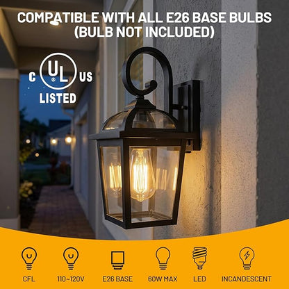 Front Porch Lights Outdoor Wall Lights Exterior Wall Sconce, Black Exterior Light Fixtures with Clear Glass, Farmhouse Outdoor Lighting Fixtures for House Front Door Garage Patio