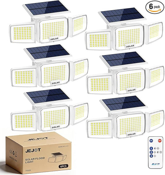White Solar Security Light Outdoor Super Bright LED, Motion Sensor Flood Light, 3 Heads 270° Wide Angle, Remote Control, IP65 Waterproof, 3 Modes (6 Packs)