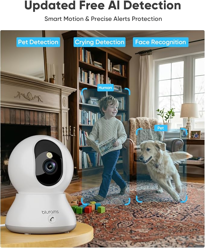 blurams 4MP Cameras for Home Security, 360° PTZ Pet Indoor Camera with Phone App, One-Touch Call, Dual-Band WiFi 6, Free Human/Pet/Motion/Sound/Cry Detection, Compatible with Alexa