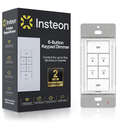 Insteon 6-Button Dimmer Keypad, in-Wall Smart Scene Controller - 2334-232 | Controls Up to 5 Devices, 150W LED, Dual-Band Smart Switch, Neutral Wire Required, Hub Required for Alexa & Google Assistant