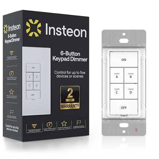 Insteon 6-Button Dimmer Keypad, in-Wall Smart Scene Controller - 2334-232 | Controls Up to 5 Devices, 150W LED, Dual-Band Smart Switch, Neutral Wire Required, Hub Required for Alexa & Google Assistant