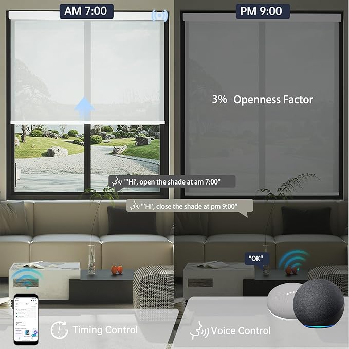 Motorized Solar Shades, Light Filtering Smart Blinds for Windows Automatic Blinds Compatible with Alexa, Falme Resistant Roller Shades Customized for Office Living Room (3% Openness White)
