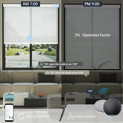 Motorized Solar Shades, Light Filtering Smart Blinds for Windows Automatic Blinds Compatible with Alexa, Falme Resistant Roller Shades Customized for Office Living Room (3% Openness White)