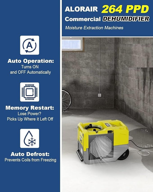 ALORAIR 264 PPD LGR Commercial Dehumidifier High Performance Industrial Dehumidifier with Pump, Compact, Portable Industrial dehumidifier for Water Damage Restoration, Yellow