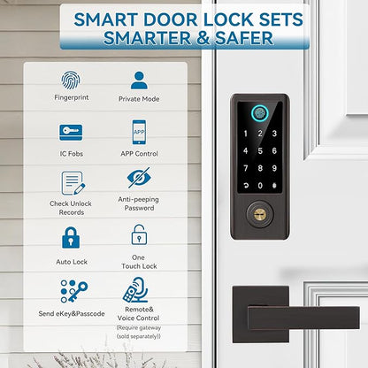 BEBASIA Smart Fingerprint Door Lock with Handle Set, Full App Control, Electronic Digital Touchscreen Keypad, Deadbolt Smart Locks for Front Door, Auto Lock, Aged Bronze