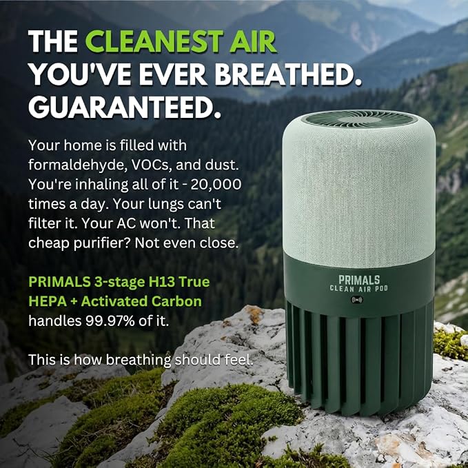 PRIMALS Clean Air Pod - H13 True HEPA + Activated Carbon Air Purifier for Home - Covers Up to 800 Ft² - For Bedrooms, Kitchens, Bathrooms, Offices - Ultra Quiet & Portable