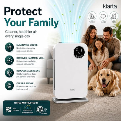 Air Purifier for Home - Smart WiFi App - Ultra Quiet 20 dB - Removes Allergens, Smoke & Odors - 99.97% Particle Filtration - Up to 1237 ft² - Klarta Forste Wood Black