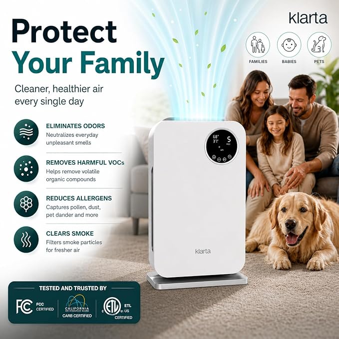 Air Purifier for Home - Smart WiFi App - Ultra Quiet 20 dB - Removes Allergens, Smoke & Odors - 99.97% Particle Filtration - Up to 1237 ft² - Klarta Forste White