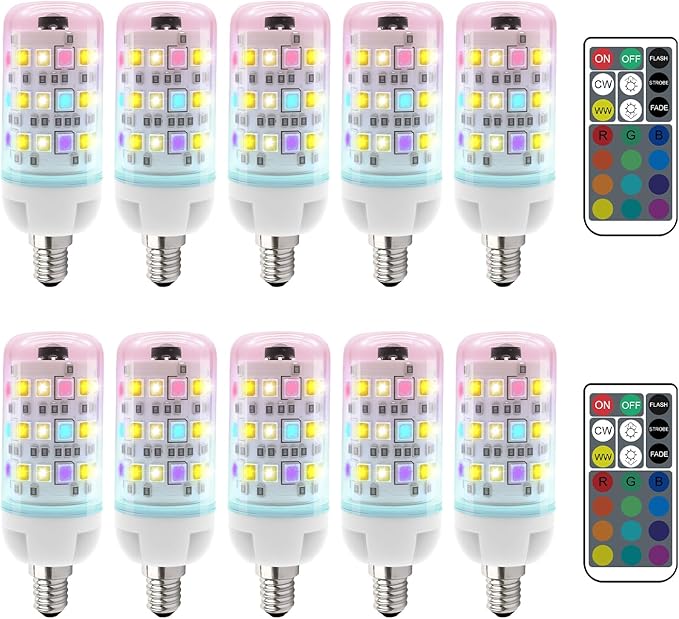 XRise E12 Color Changing Bulb with Remote Control, Dimmable 12 Colors+3000K+6000K, 2W LED E12 Candelabra Bulb 20W Incandescent Replacement, Memory Function, No Flicker, for Mooding Lighting, 10PACK
