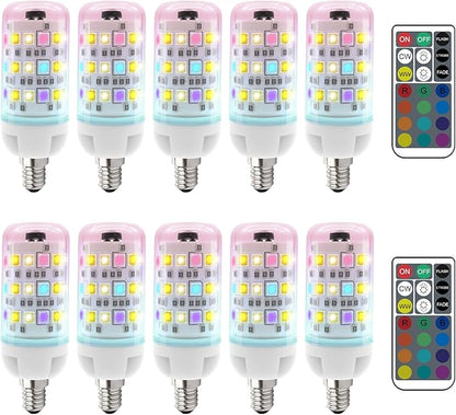 XRise E12 Color Changing Bulb with Remote Control, Dimmable 12 Colors+3000K+6000K, 2W LED E12 Candelabra Bulb 20W Incandescent Replacement, Memory Function, No Flicker, for Mooding Lighting, 10PACK