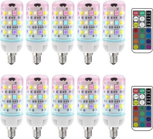 XRise E12 Color Changing Bulb with Remote Control, Dimmable 12 Colors+3000K+6000K, 2W LED E12 Candelabra Bulb 20W Incandescent Replacement, Memory Function, No Flicker, for Mooding Lighting, 10PACK